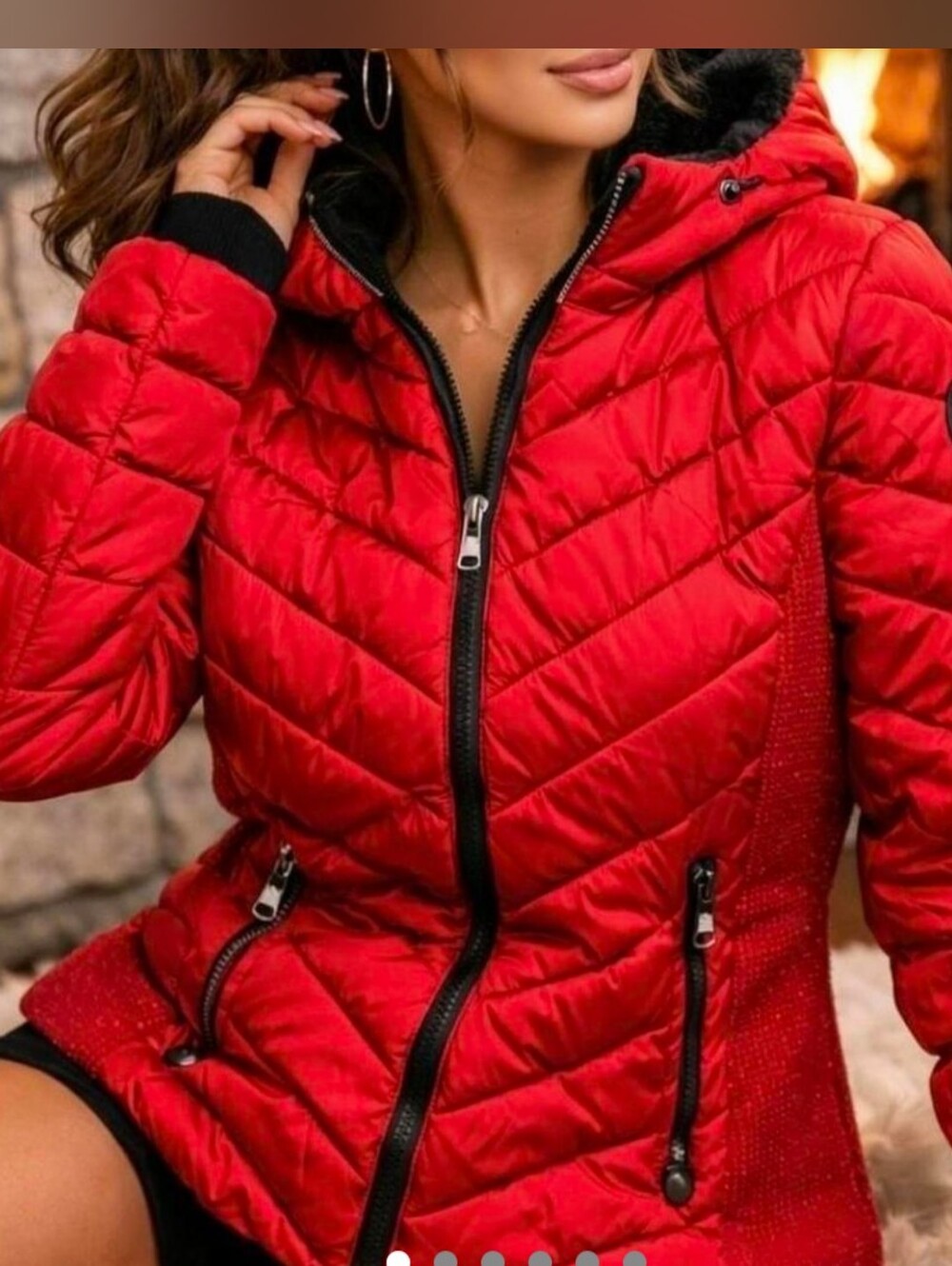Nautica Quilted Red Mechanical Stretch Puffer Jacket W/Faux Fur Hoodie